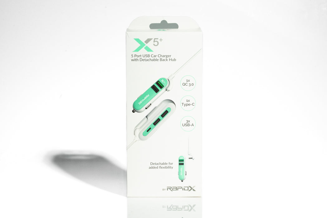 RapidX X5+ 5-Port USB Car Charger with Detachable Hub – QC 3.0, USB-C & USB-A