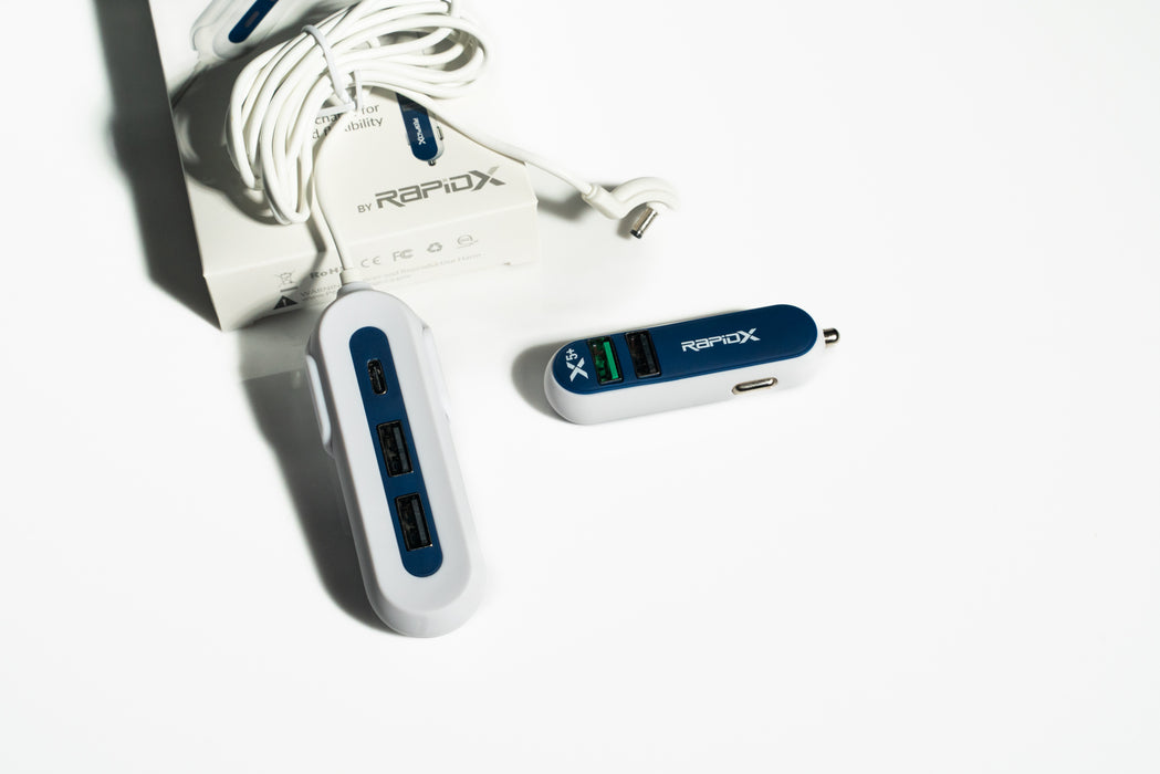 RapidX X5+ 5-Port USB Car Charger with Detachable Hub – QC 3.0, USB-C & USB-A