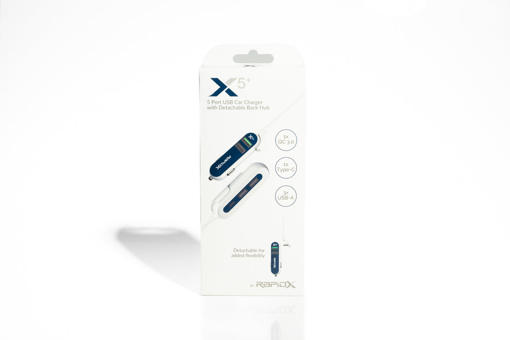 RapidX X5+ 5-Port USB Car Charger with Detachable Hub – QC 3.0, USB-C & USB-A