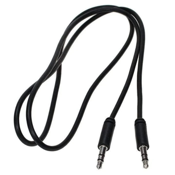 Black audio cable with two 3.5mm connectors on a white background