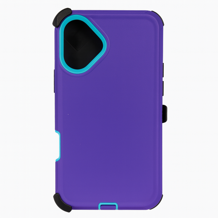 Purple phone case with black and teal accents on a white background