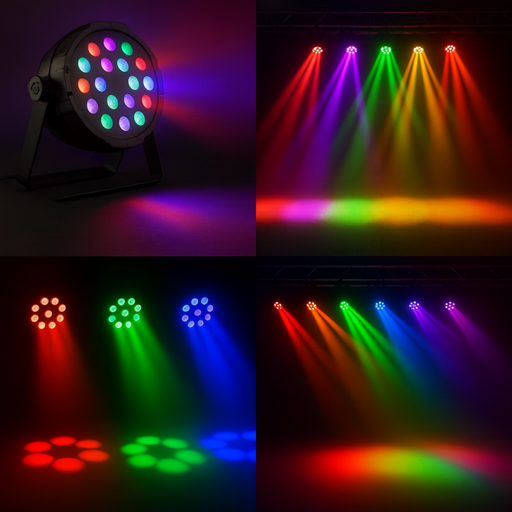 Collage of LED stage lights showing different color patterns and effects.