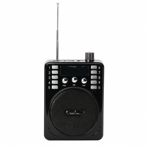 Black portable radio with antenna on a white background