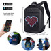 Black LED backpack with customizable designs via a smart app, shown with smartphone app interface.