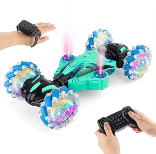 Toy vehicle with colorful lights and a remote control on a white background