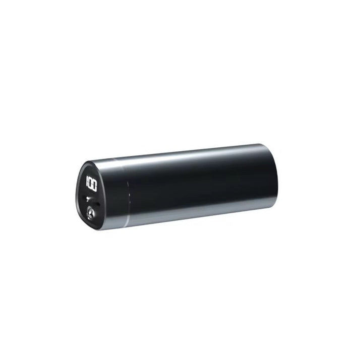 Black cylindrical device with a metallic finish on a white background