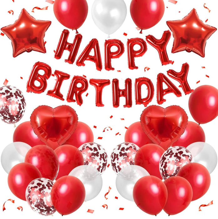 Red and white balloons with 'Happy Birthday' text on a white background