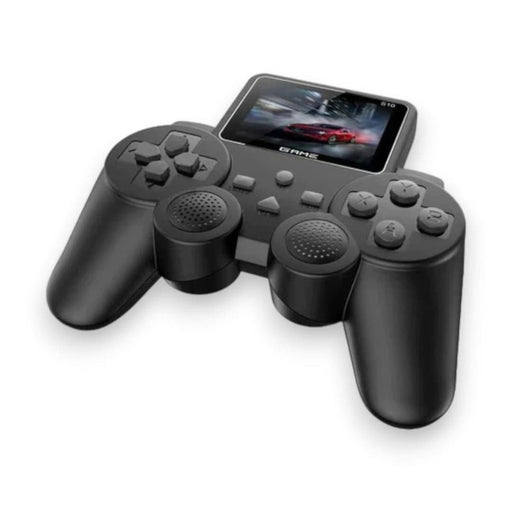 Black gaming controller with screen displaying a racing game on a white background