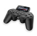 Black gaming controller with screen displaying a racing game on a white background