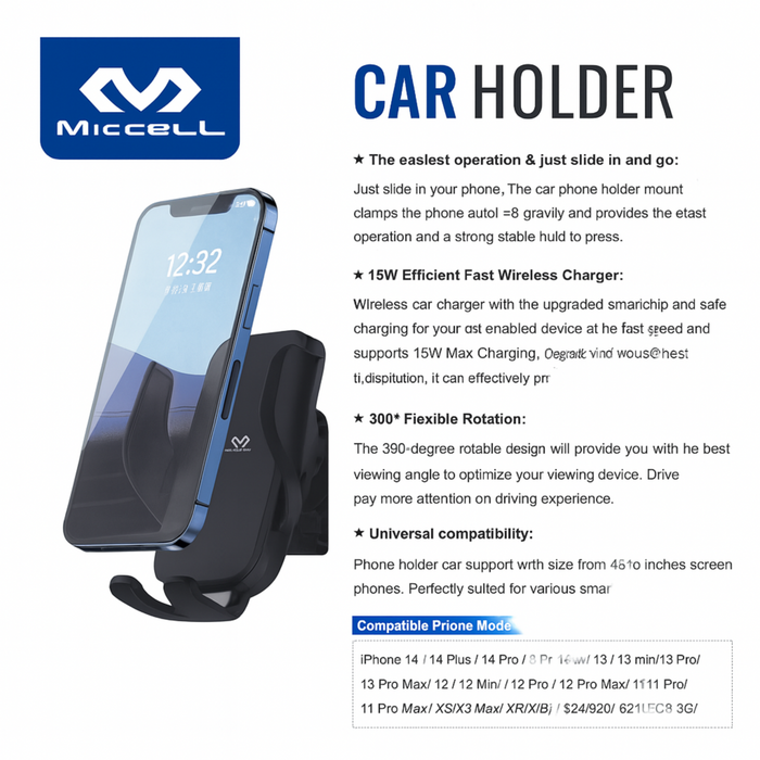 MICCELL VQ-CH05 Car Holder – 15W Wireless Charging Air Vent Mount
