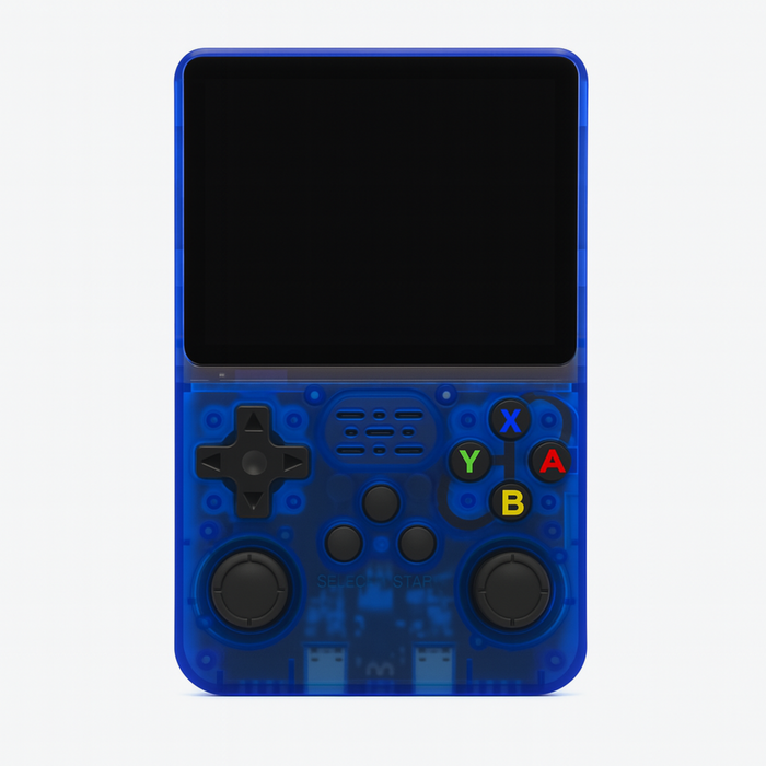 Blue handheld gaming console with screen and control buttons on a white background