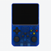 Blue handheld gaming console with screen and control buttons on a white background