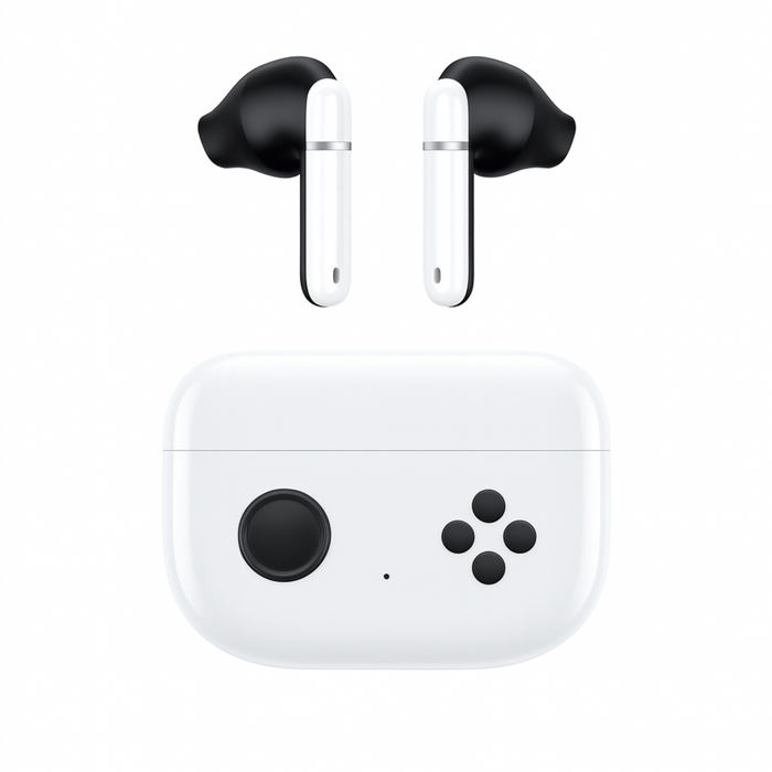 Wireless earbuds with charging case on a white background