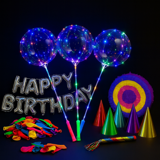 Colorful LED balloons, party hats, and streamers on a dark background with 'Happy Birthday' text.