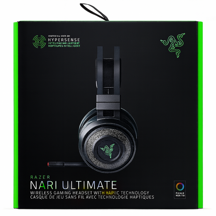 Razer Nari Ultimate gaming headset packaging with Razer logo on a black background