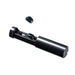 Black cylindrical device with a smaller round component on a white background
