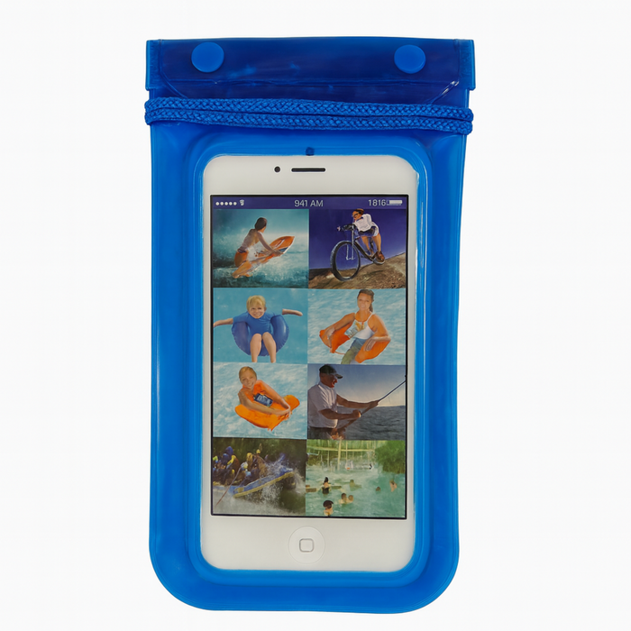 Blue waterproof phone case with a screen displaying images of people in various activities.