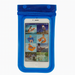 Blue waterproof phone case with a screen displaying images of people in various activities.