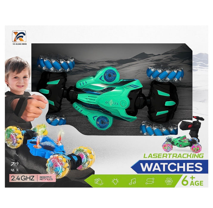 Box of lasertracking watches with a child model, featuring green and black design.