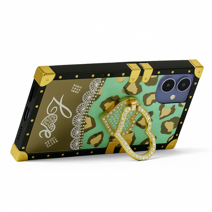 Luxury Leopard Heart Mirror Case for iPhone 16 – Kickstand, Ring Grip, 6 Colors