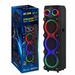 Black speaker with RGB lighting next to its packaging on a white background
