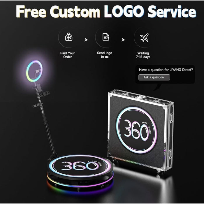 360-degree product display with '360' branding on a black background