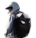 Person wearing a futuristic backpack with glowing eyes on a white background