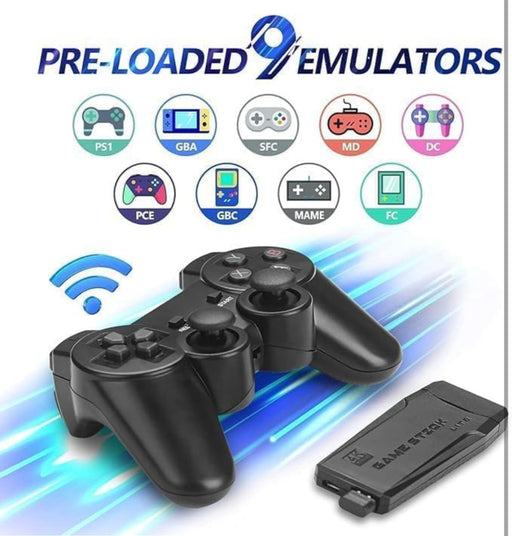 Pair of black game controllers with a USB device on a white background, featuring logos for various gaming platforms.