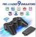 Pair of black game controllers with a USB device on a white background, featuring logos for various gaming platforms.