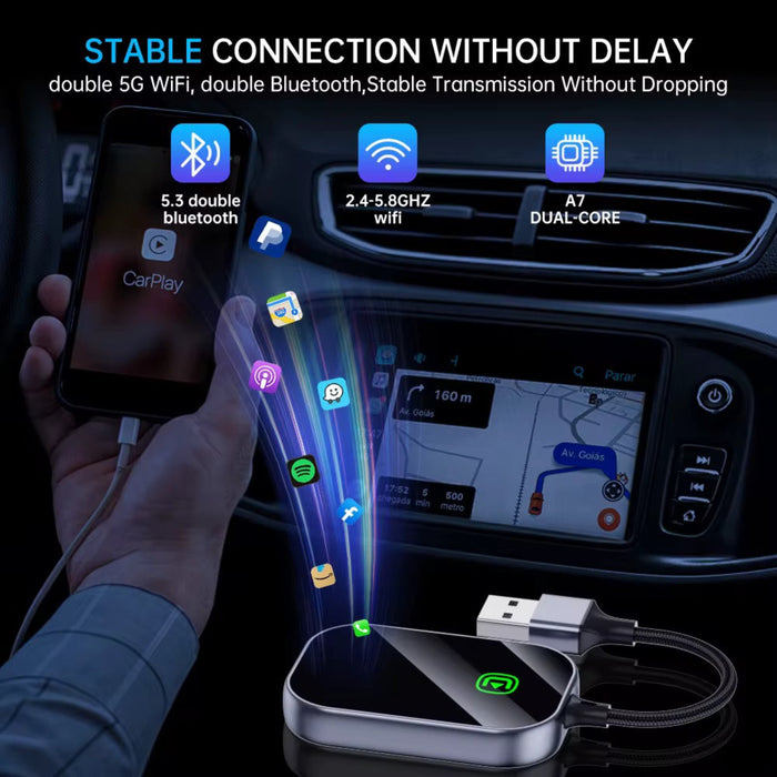 Car dashboard with a smartphone connected to a car charger, displaying connectivity features.
