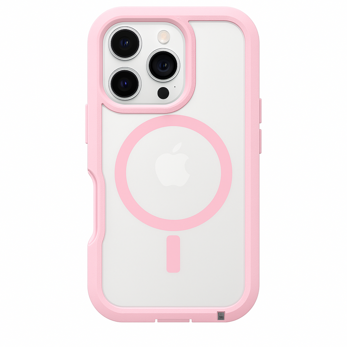 Phone case with pink border and clear back on a white background