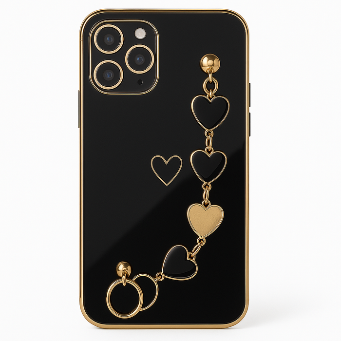 iPhone 11 Pro Max Case – Gold Heart Charm Chain (Black & Pink)