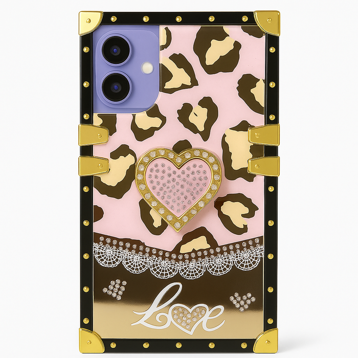 Luxury Leopard Heart Mirror Case for iPhone 16 – Kickstand, Ring Grip, 6 Colors