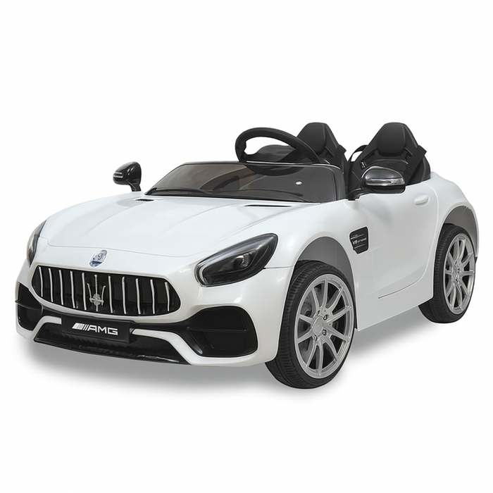 White toy car with black details on a white background
