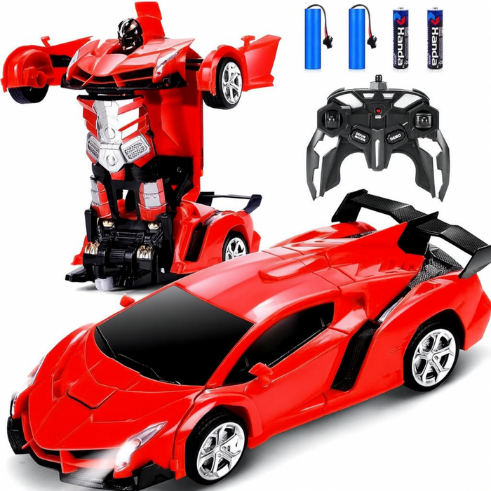 Red toy robot and car with remote control on a white background