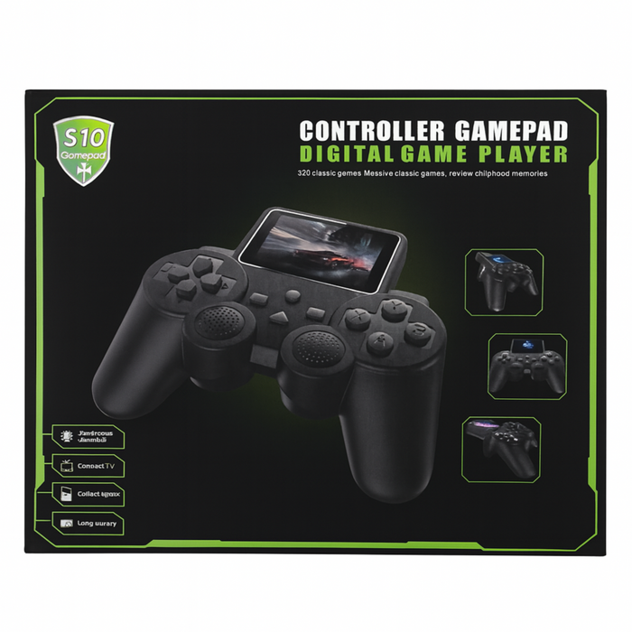 Boxed digital game player with controller on a black background
