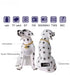 Two Dalmatian dog-shaped speakers with labeled features on a white background