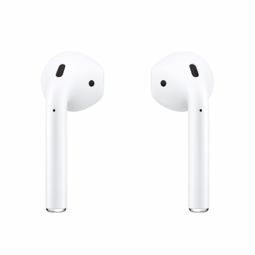 Pair of white wireless earbuds on a white background