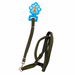 Green dog leash with a blue tag on a white background