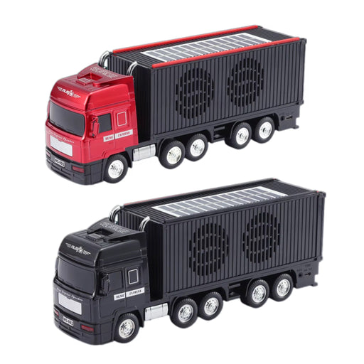 Two toy trucks with black trailers on a white background