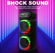 Black speaker with colorful LED lights on a purple and blue gradient background, featuring text about sound effects.