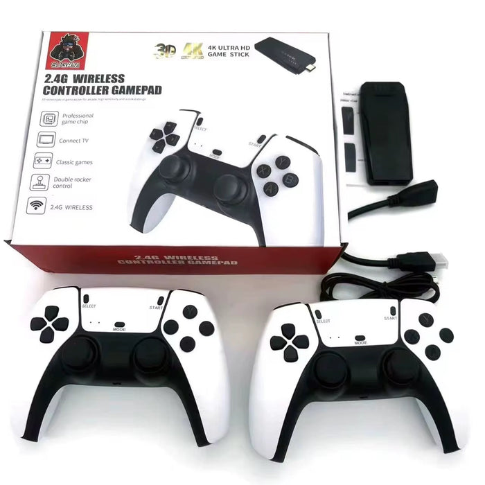 Pair of black and white game controllers with packaging on a white background