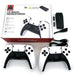 Pair of black and white game controllers with packaging on a white background