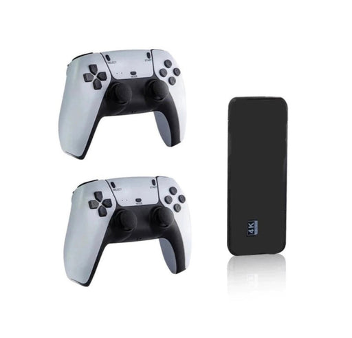 Two gaming controllers and a black phone case on a white background
