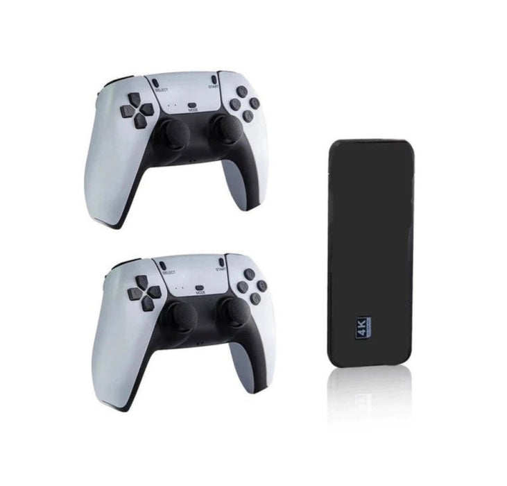 Two gaming controllers and a black phone case on a white background