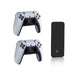 Two gaming controllers and a black phone case on a white background