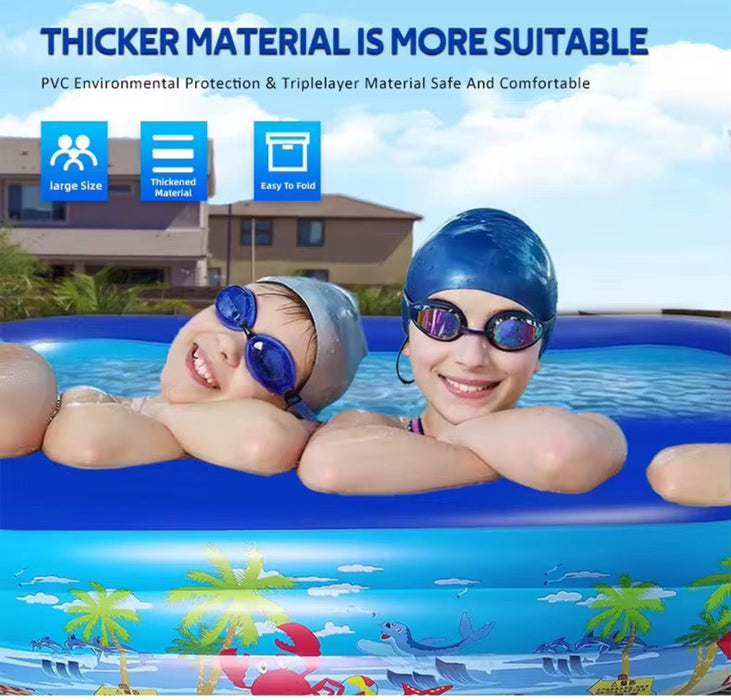 Two children in an inflatable pool with swim caps and goggles, surrounded by a scenic background.