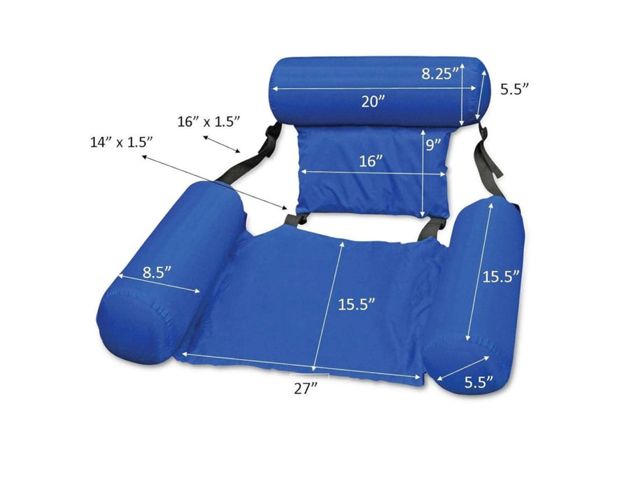 Blue inflatable seat with dimensions labeled on a white background