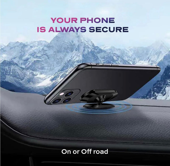 Phone holder on car dashboard with mountain background and text 'Your phone is always secure'.