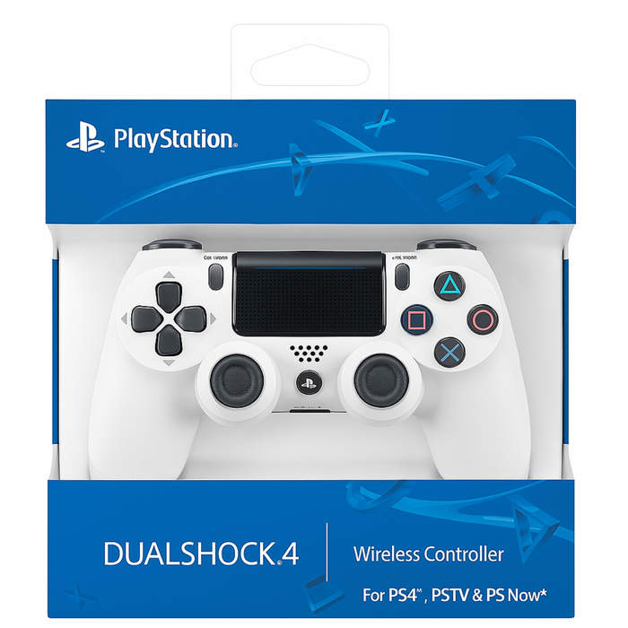 PlayStation DualShock 4 wireless controller packaging on a white background